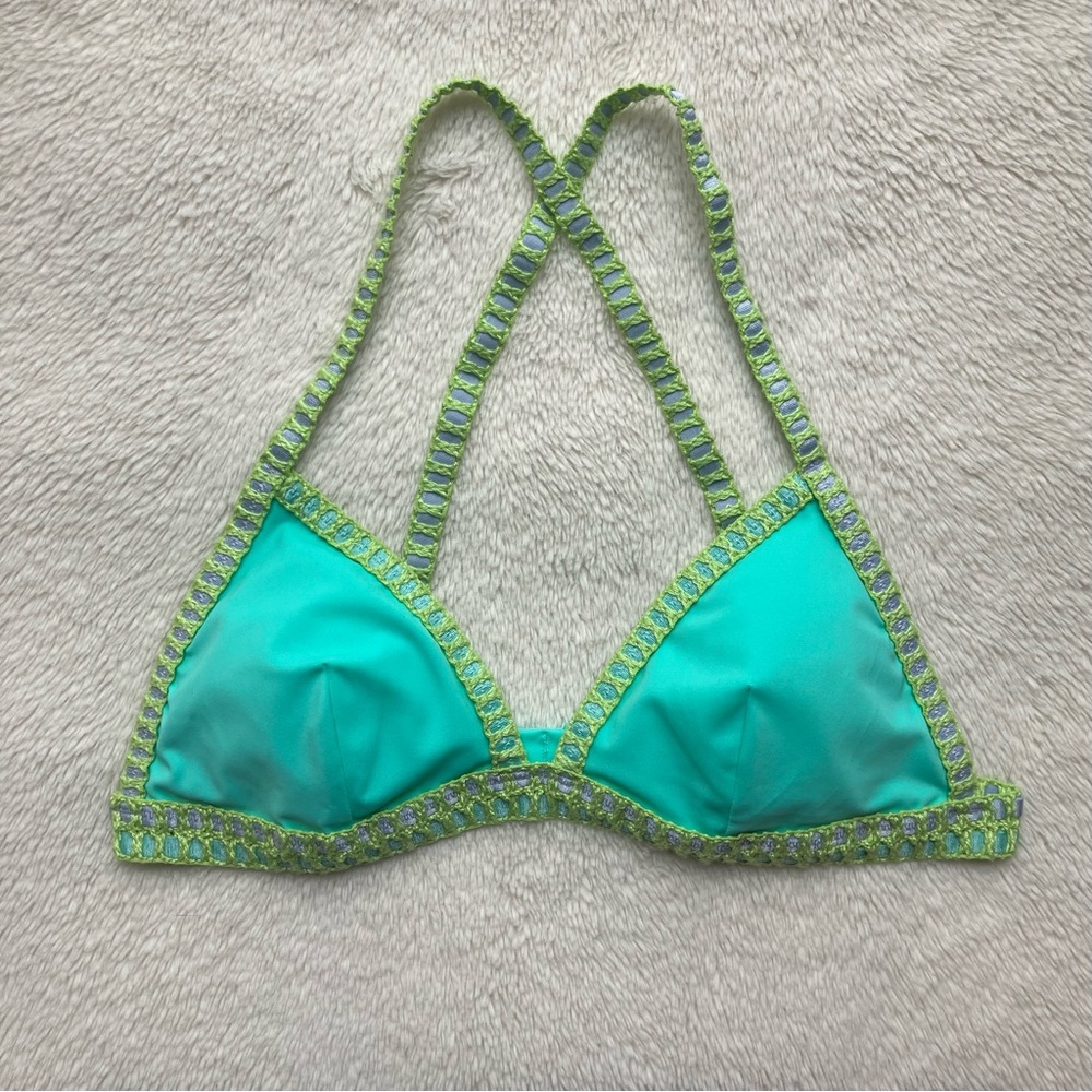 VS Beach Sexy Crochet Trim The Teeny Triangle Bikini Top Aqua M